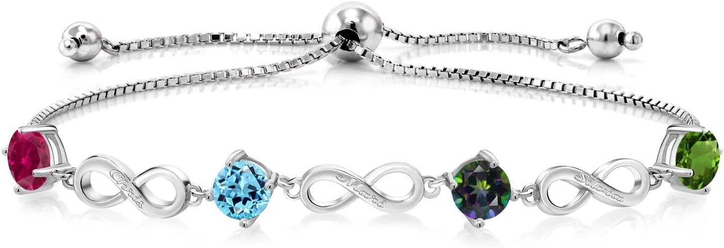 Customized Personalized Engraved 4-Stone Infinity Tennis Bracelet For Women By Keren Hanan | 925 Sterling Silver | Gemstone Birthstone | Adjustable Bolo Bracelet For Women | Easy-On Easy-Off