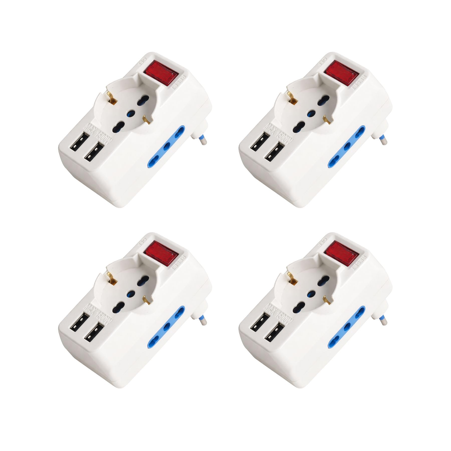 Adattatore Multiprese 5 In 1, 2 Porte USB + 2 Prese Bipasso 10A/16A + 1 Presa Schuko Universale, Interruttore, Spina Piccola 10A a 90° Salvaspazio (4 Pezzi, 2 Porte USB A)