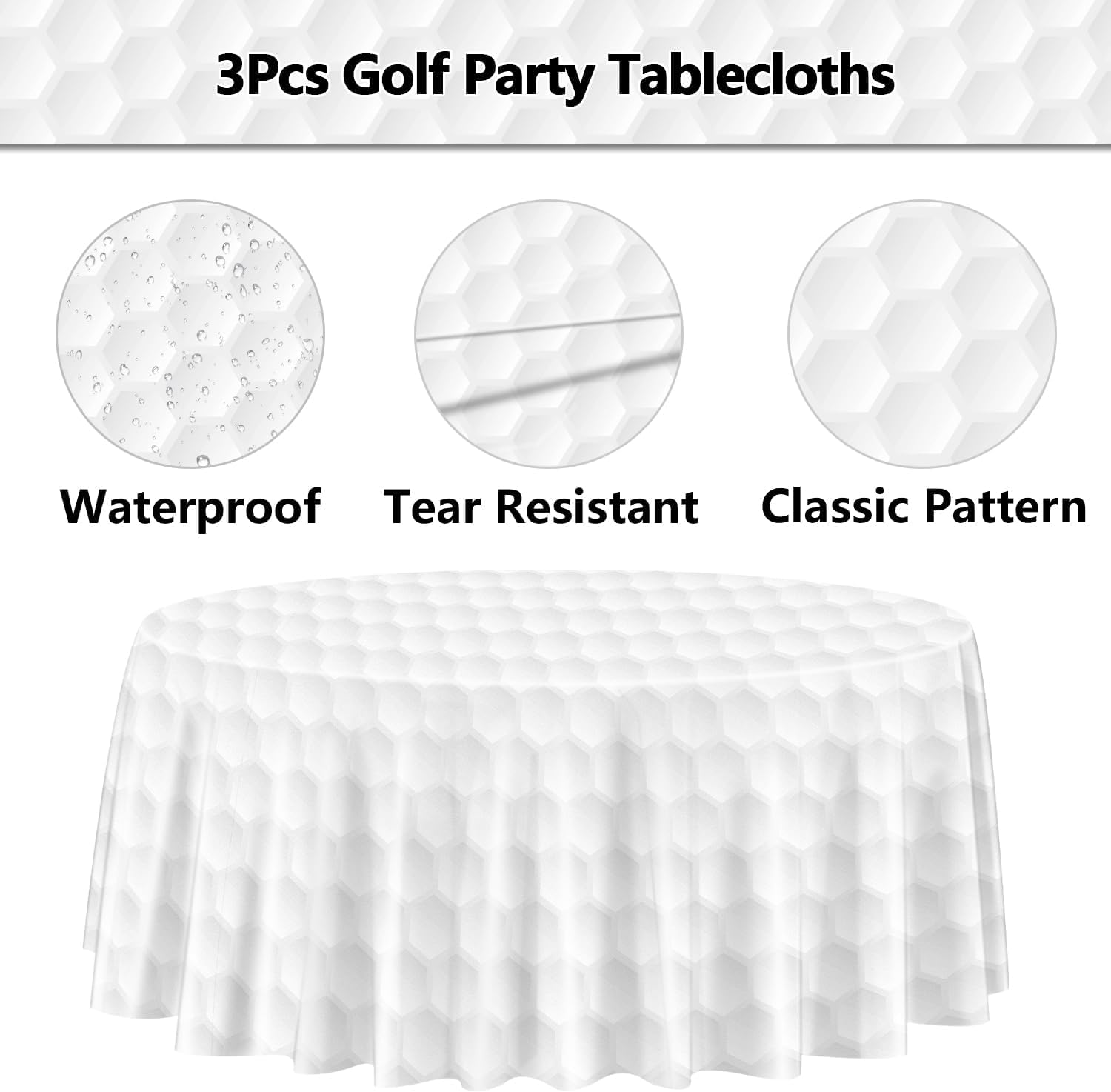 3Pcs Golf Tablecloths - White Golf Pattern Table Covers for Kids Sports Birthday Party Supplies, 84inch