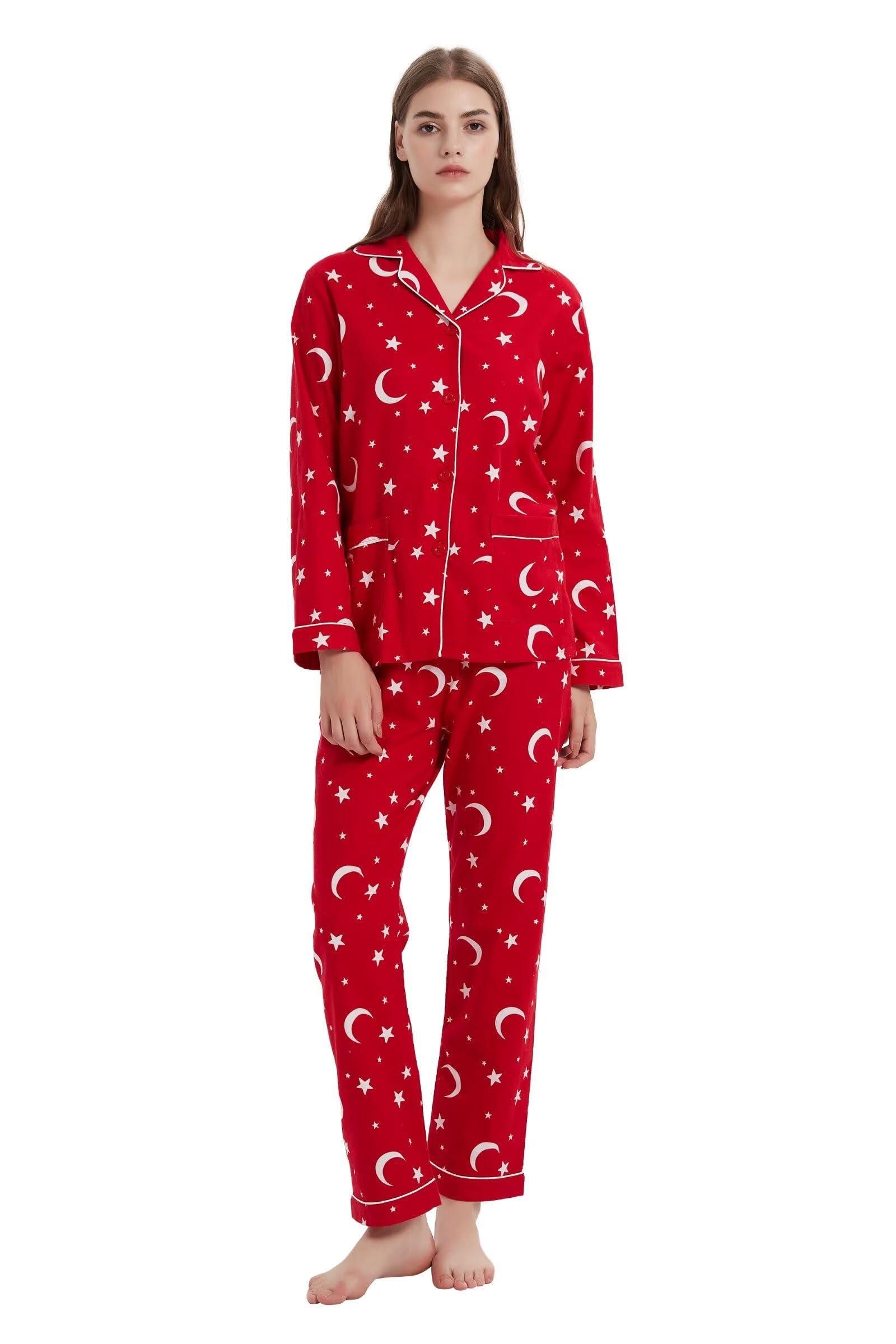 GLOBAL Women's Flannel Pajamas Set 100% Cotton PJs for Women Long Sleeve Button Drawstring Waist Warm Loungewear Sleepwear