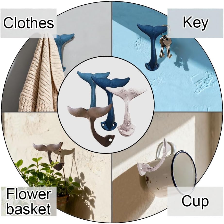 Whale Tail Coat Hooks,Command Strips Hook,Vintage Cast Iron Whale Decorative Wall Hooks for Hanging Towel,Hat,Scarves,Keys-Perfect for Nautical Bathroom Decor,Garage,Entryway,Closet,Bedroom,Door (1)