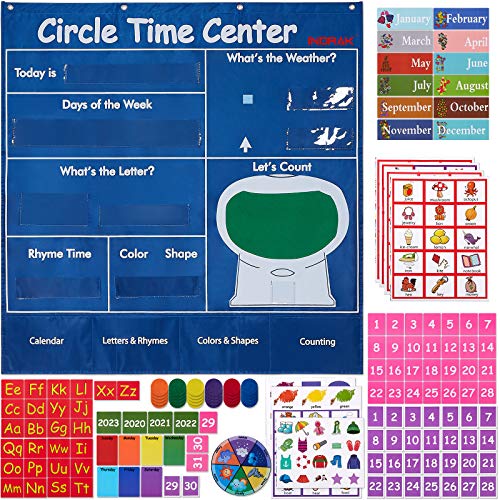 INDRAK Circle Time Center Pocket Chart Calendar-Educational Pocket Chart Learning Shape - Color Classroom Pocket Chart-Number Pocket Chart Wording Rhyme Pictures Pocket Chart 39" x 40.9"