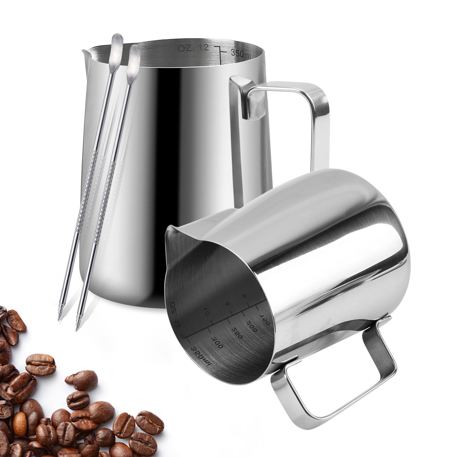 2 Pack Stainless Steel Milk Frothing Pitcher, 12 Oz/350ml, with Latte Art Pen