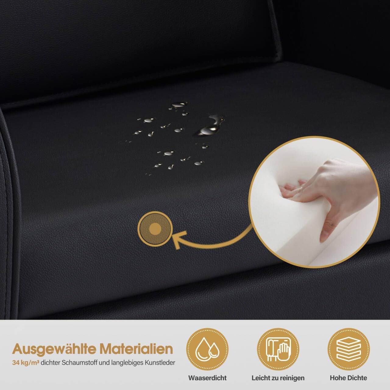 Diagram illustrating the properties of the chair's materials: waterproof synthetic leather, easy to clean surface, and high-density foam (34 kg/m³).