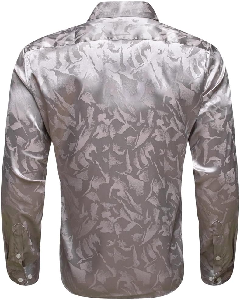 Men Silk Satin Long Sleeve Silk Gray Leaves Male Blouses Casual Lapel Tops Breathable