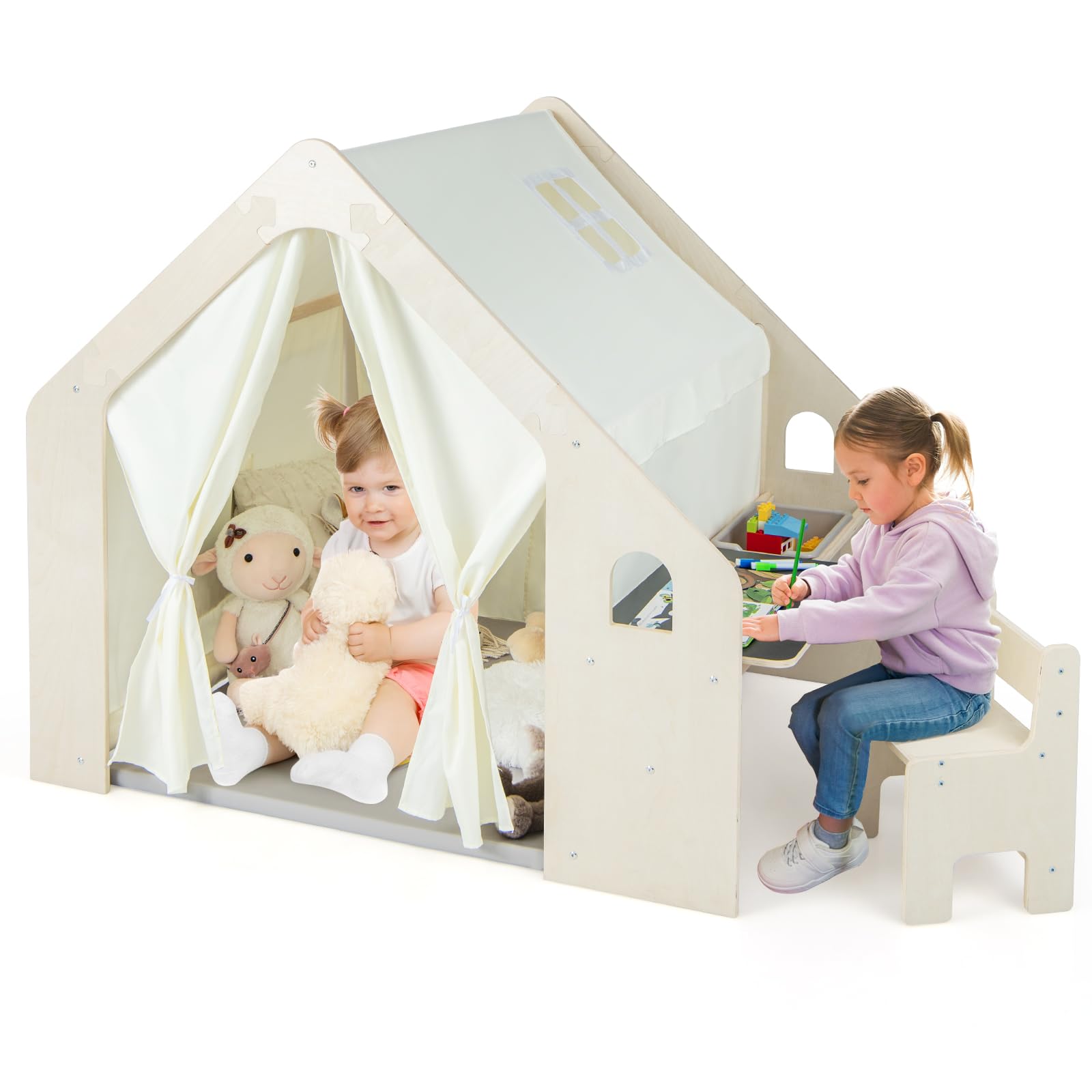 GOPLUS 6 in 1 Kinderzelt, Spielzelt Holz mit Schreibtisch, Stuhl & doppelseitige Tafel, Spielhaus Montessori mit Stauraum, Matte & Vorhänge, Holzspielzelt Indoor für Kinder von 2-6 Jahren (Klein)