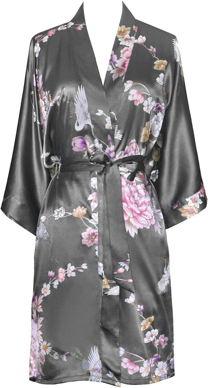 OLDSHANGHAI Women's Satin Kimono Robe Short - Floral