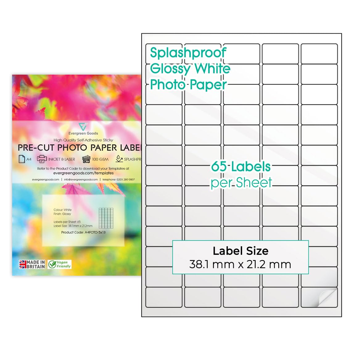 Precut Labels Stickers A4 Sheet (5x13 (65 per Sheet), 50 Sheets) | Glossy White Photo Sticker Paper A4 Labels Splashproof | 9 Label Size Variations | Inkjet & Laser Printable โ image 1