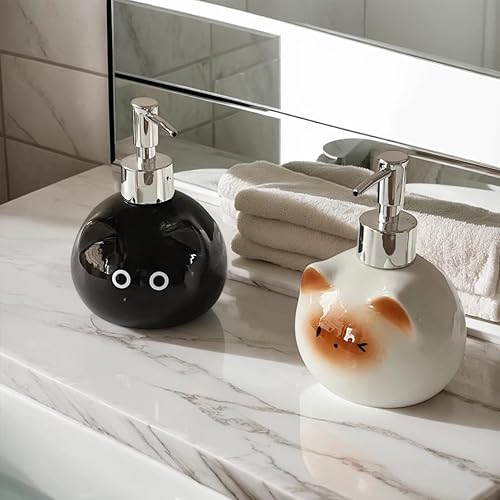 Miniatura 7 de Dispensador de jabón de cerámica para gatos con bomba de acero inoxidable, perfecto para jabón de platos, jabón líquido, dispensador de jabón de