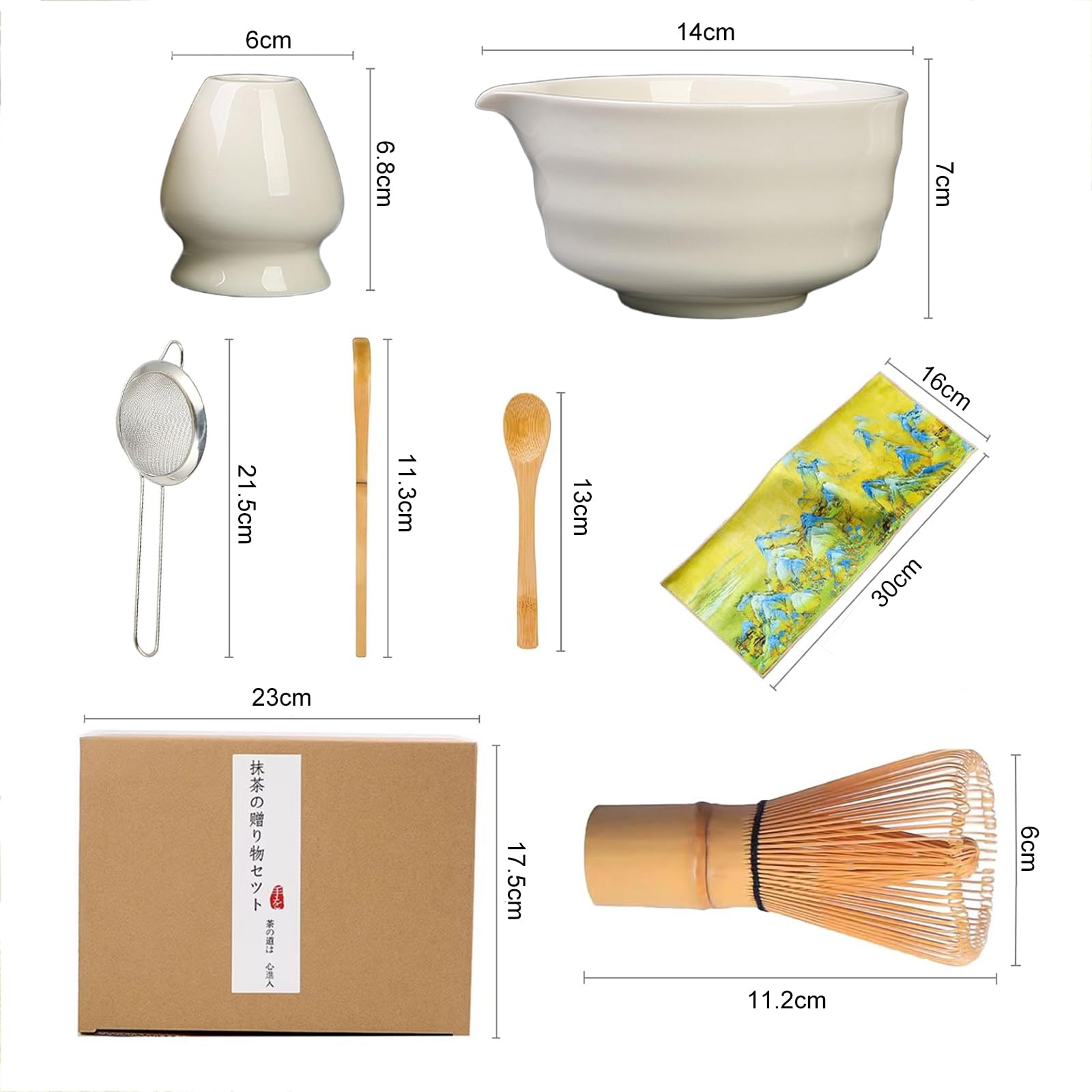 Japanisches Matcha-Set für Zeremonien, 7-teilig, Schüssel, Schneebesen, Löffel, Sieb, Schneebesen und Löffel, komplettes Matcha-Set, ideal für Zuhause und als Geschenk (weiß)