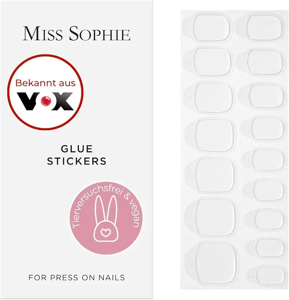 Original Miss Sophie Klebesticker für Press On Nails I 192 Glue Stickers in 16 Größen I Schonende Klebepads für Press On Nails & künstliche Nägel I Selbstklebende, wiederverwendbare Aufkleber