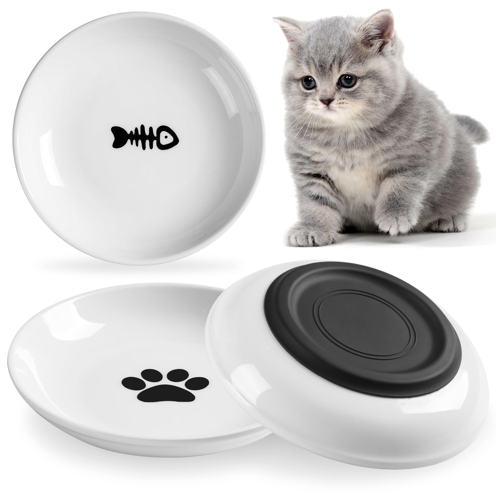 Katzennäpfe Keramik, 3 Stück Keramik Katzen Näpfe für Futter und Wasser, mit Rutschfester Silikonbasis, Whisker Friendly