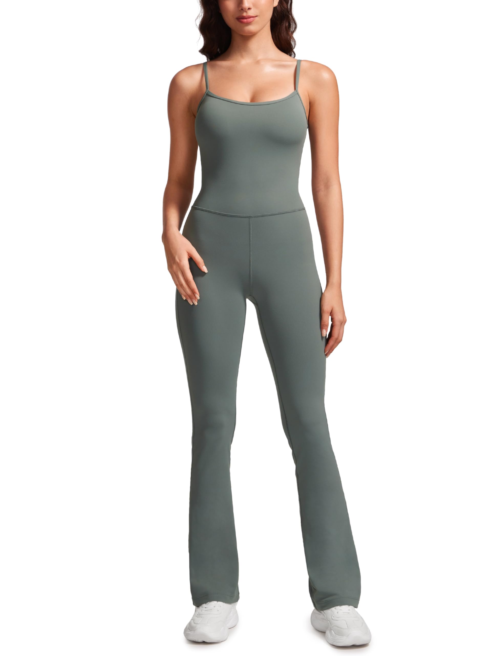 CRZ YOGA Butterluxe Flare Jumpsuits for Women Spaghetti Strap Workout Athletic Onesie Square Neck Bodysuits with Built in Bra