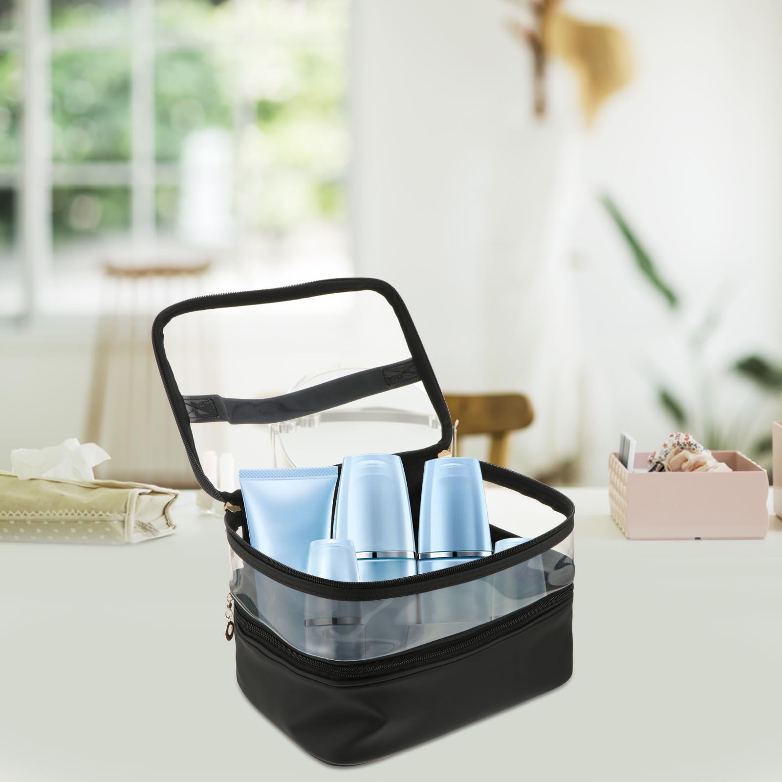 Lurrose Borsa Cosmetica Borsa da Toilette da Viaggio Doppio Strato in Pu e Plastica, Grande Capacità, Nera, per Viaggi di Lavoro e Uso Familiare