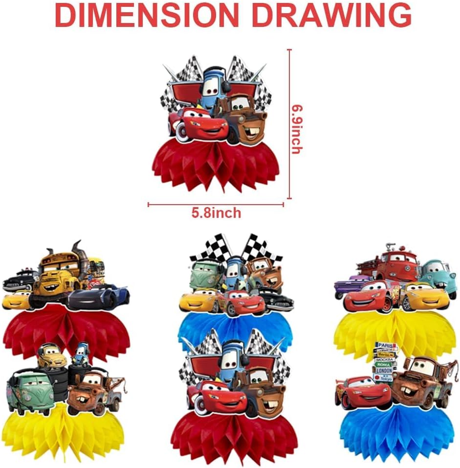 6Pcs Cars Party Party supplies set Honeycomb Centerpieces Double Sided Table Topper for Birthday Party Decorations