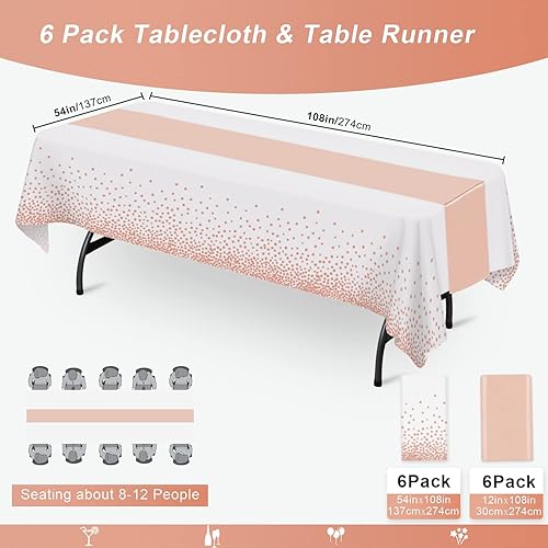 Miniatura 6 de LIKAJON Paquete de 6 manteles desechables de color blanco con puntos de oro rosa de 54 x 108 pulgadas y 6 manteles de satén de color oro rosa de 12