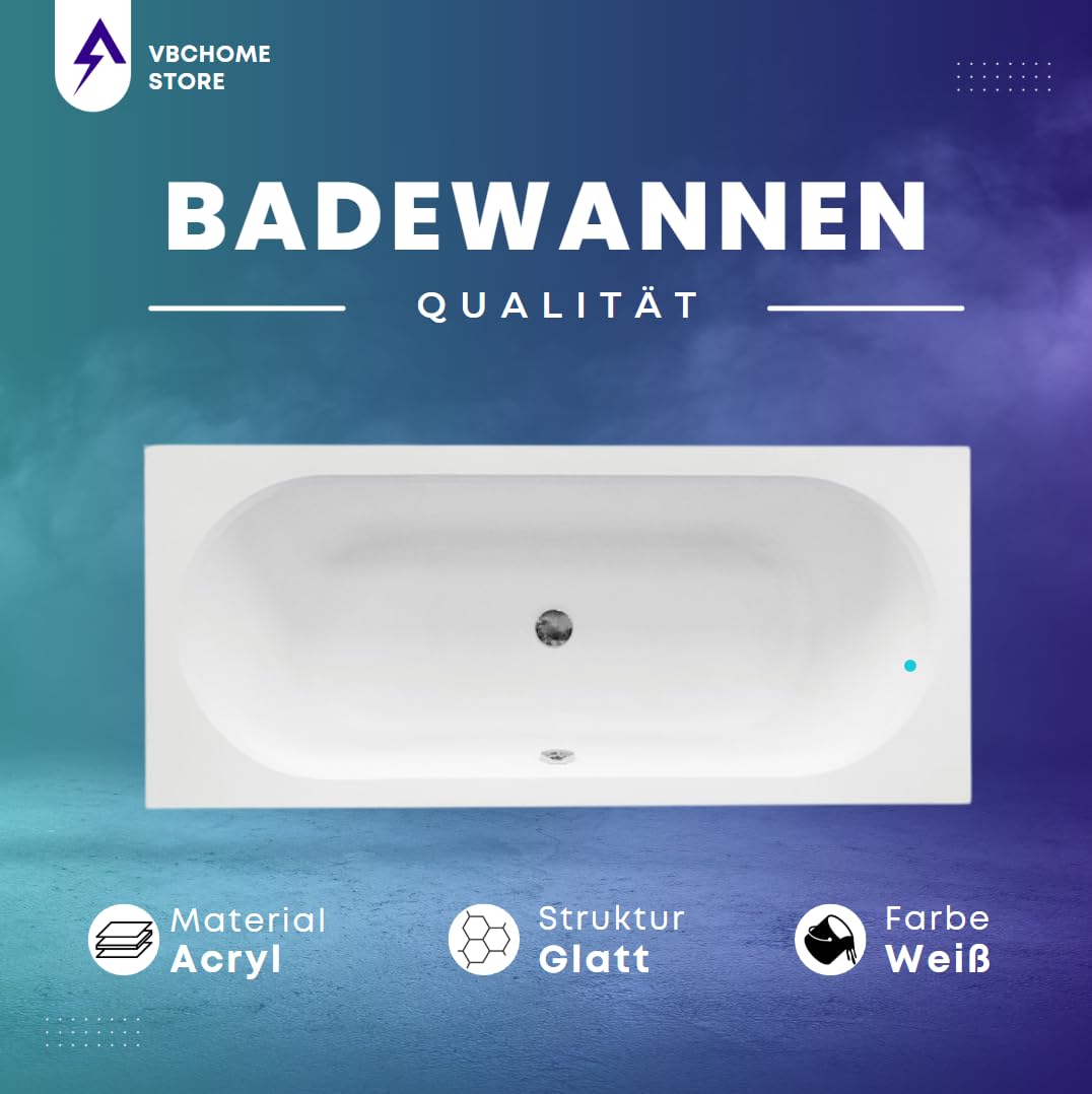 VBChome Badewanne 160 x 75 cm Acryl SET Schürze Siphon Acrylwanne Wanne Rechteck Weiß Design Modern Wannenfüßen Ablaufgarnitur Chrome