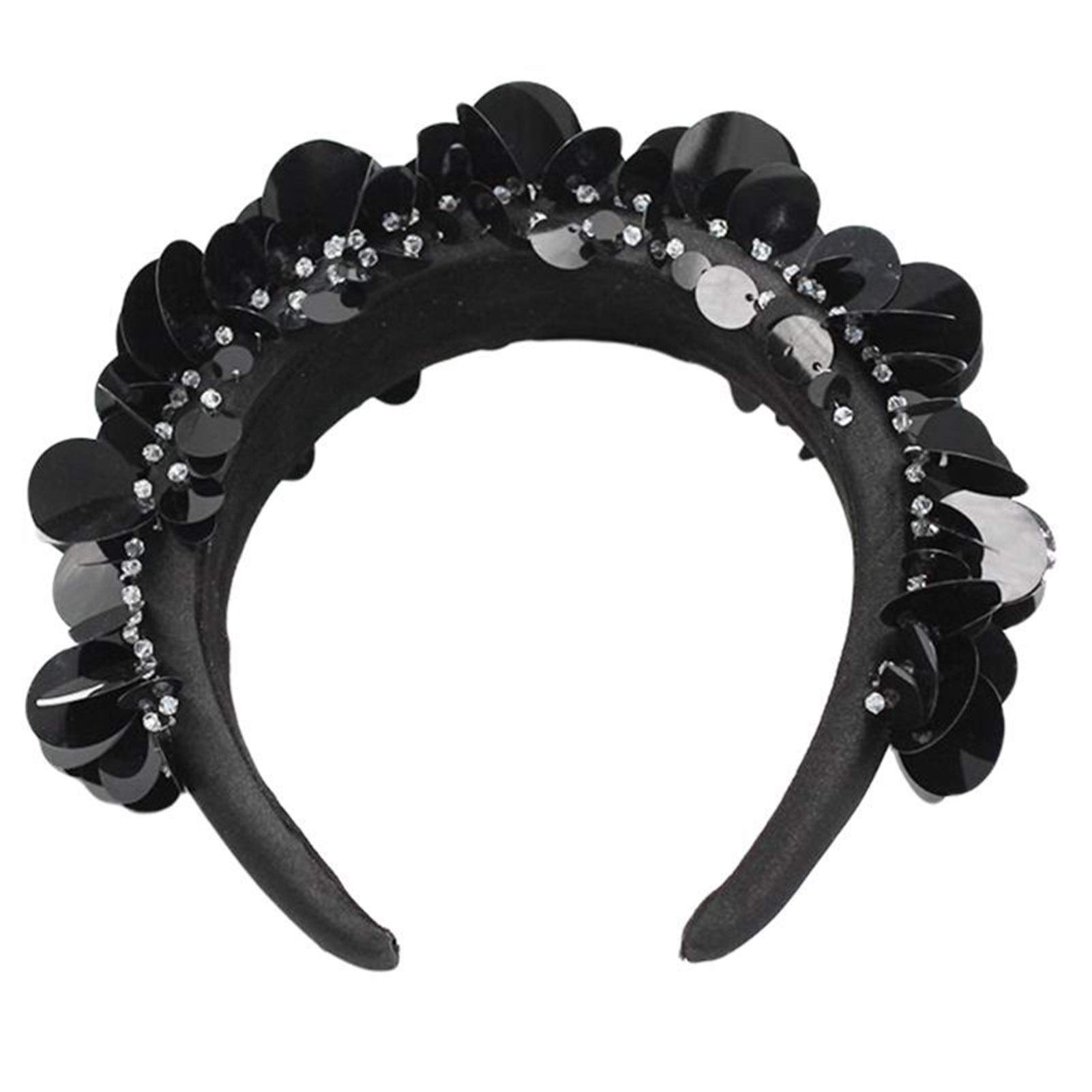 DUOER Ladies Sponge Padded Headband Black Round Discs Flake Sequins Hair Hoop Faux Crystal Beading Jewelry Prom Party Bandana (Color : Black)