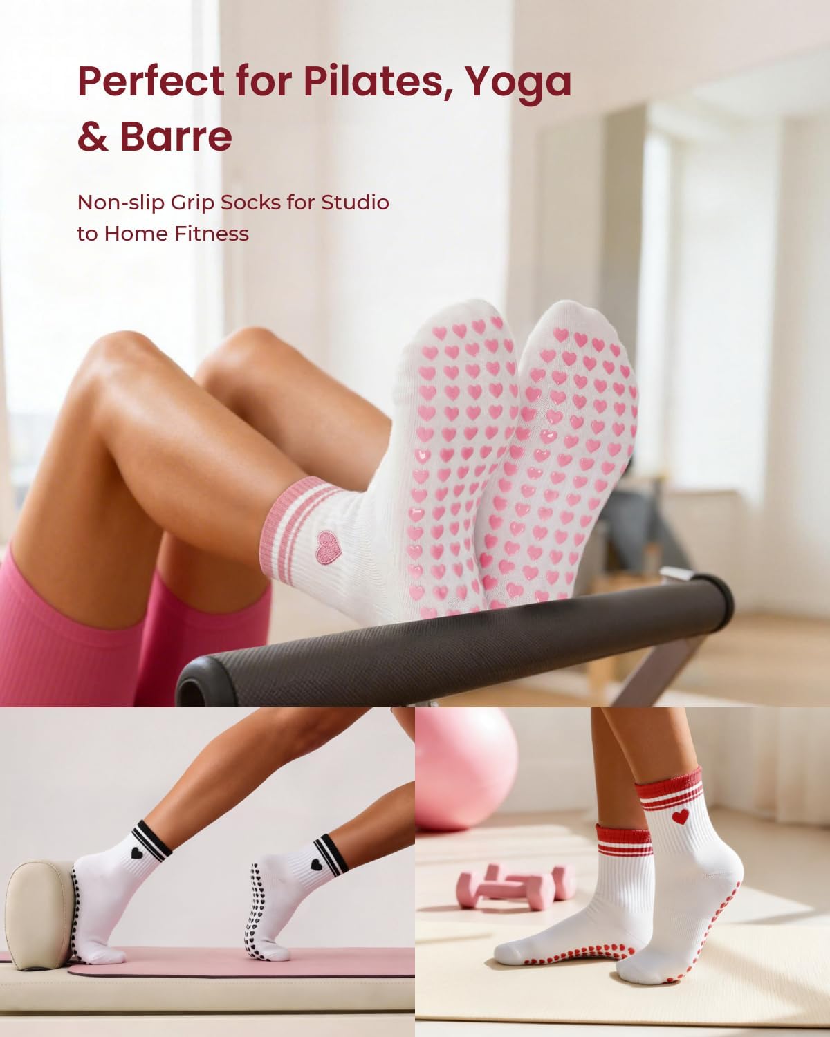 ALLIVE Pilates Socks with Grips for Women, Breathable Soft Non Slip Cute Yoga Socks for Studio or Home, Gift-Ready Set (3Pairs Pinkredblack)
