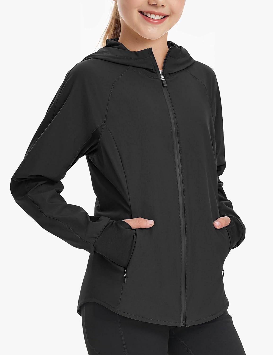 JOCMIC Girls Light Rain Jacket with Hood, Lightweight Athletic Jackets for Outdoor Sports Running Golf Hiking - Image 2