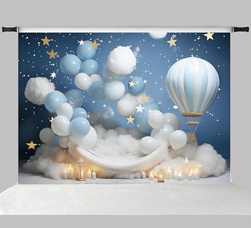 Kate Globos de fiesta de cumpleaños de 7 x 5 pies para fotografía de cielo azul, estrellas doradas, decoración de globos aerostáticos, fondo