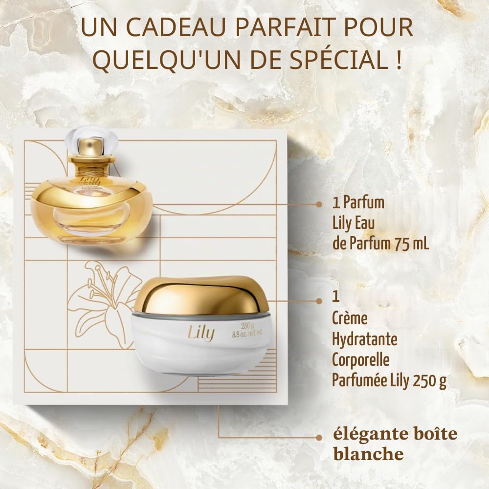 O Boticário Lily Coffret Set cadeau | Eau de parfum (75 ml) et crème hydratante pour le corps (250 g)