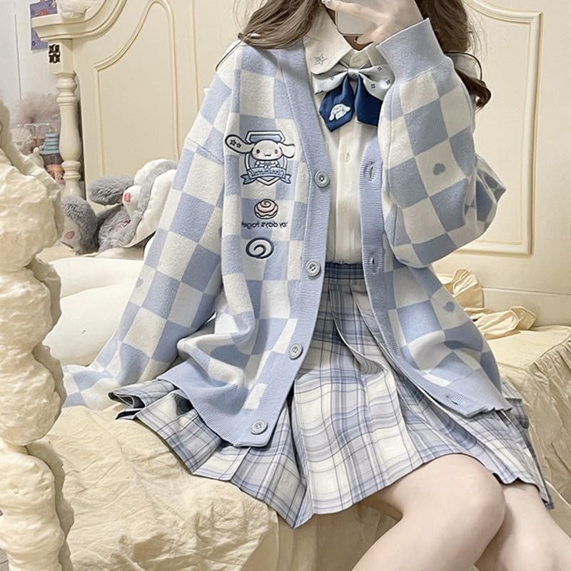 Kawaii Sweater Anime Plaid Cardigan Sweaters Cardigan for Women Cosplay Costume V Neck Long Sleeve - Image 2