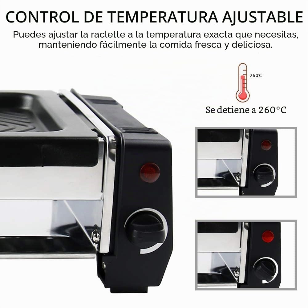 Mini Raclette Grill para 2 Personas, Parrilla Eléctrica, 500 W | Grill eléctrico de mesa con placa antiadherente regulable, 2 minisartenes y 4 espátulas para asar y fundir queso