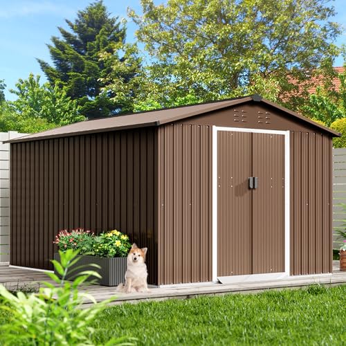 8x15 Ft Outdoor Storage Shed, Steel Utility Tool Shed with Sloped Roof & Lockable Door, Backyard Garden Patio Lawn Outdoor Shed for Storing Tools and Equipment in Yard, Brown
