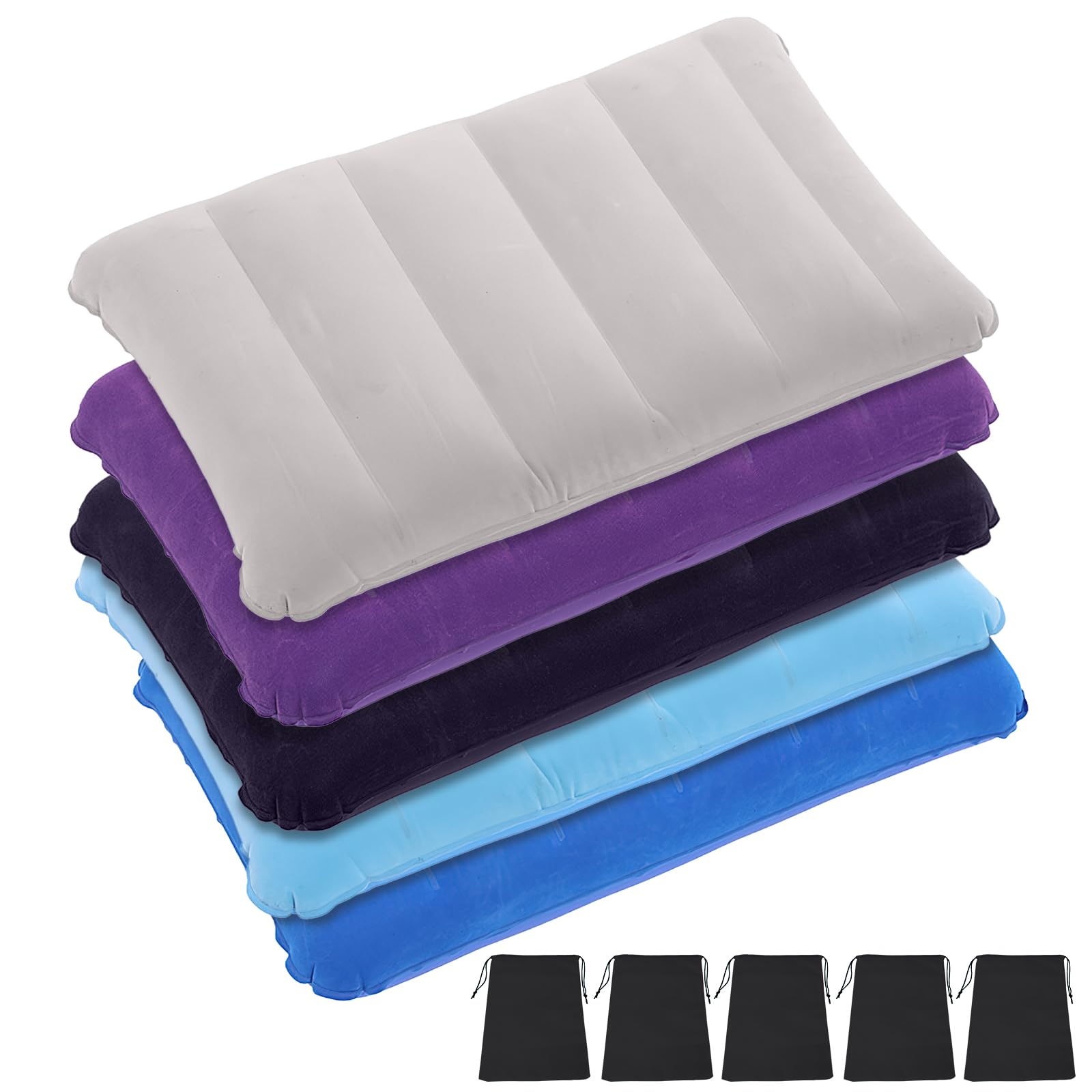 VEGCOO 5 Pack Inflatable Pillow, Multipack of Blow Up Pillows 47 * 30cm, Inflatable Flocked Cushion Compact Light Water Resistant, Travel Camping Pillow Perfect for Hiking, Picnic, Beach