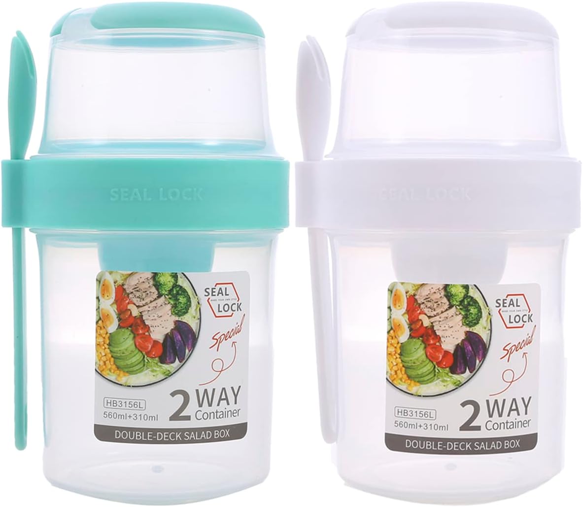 2 Pack Overnight Oats Container, 2-Tier Overnight Oats Jars with Lid and Spoon, Breakfast on the Go Cups,Portable Yogurt Oatmeal Container Jar,Leakproof Cereal and Milk to Go Container for Adults Kids