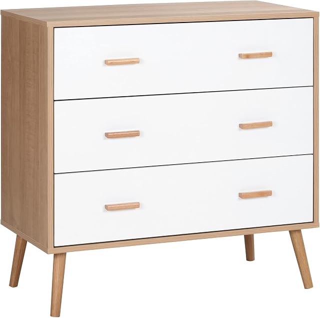 HOMCOM Chest of Drawers with 3 Drawers, Bedroom Cabinet, Storage Organizer for Living Room, White and Natural