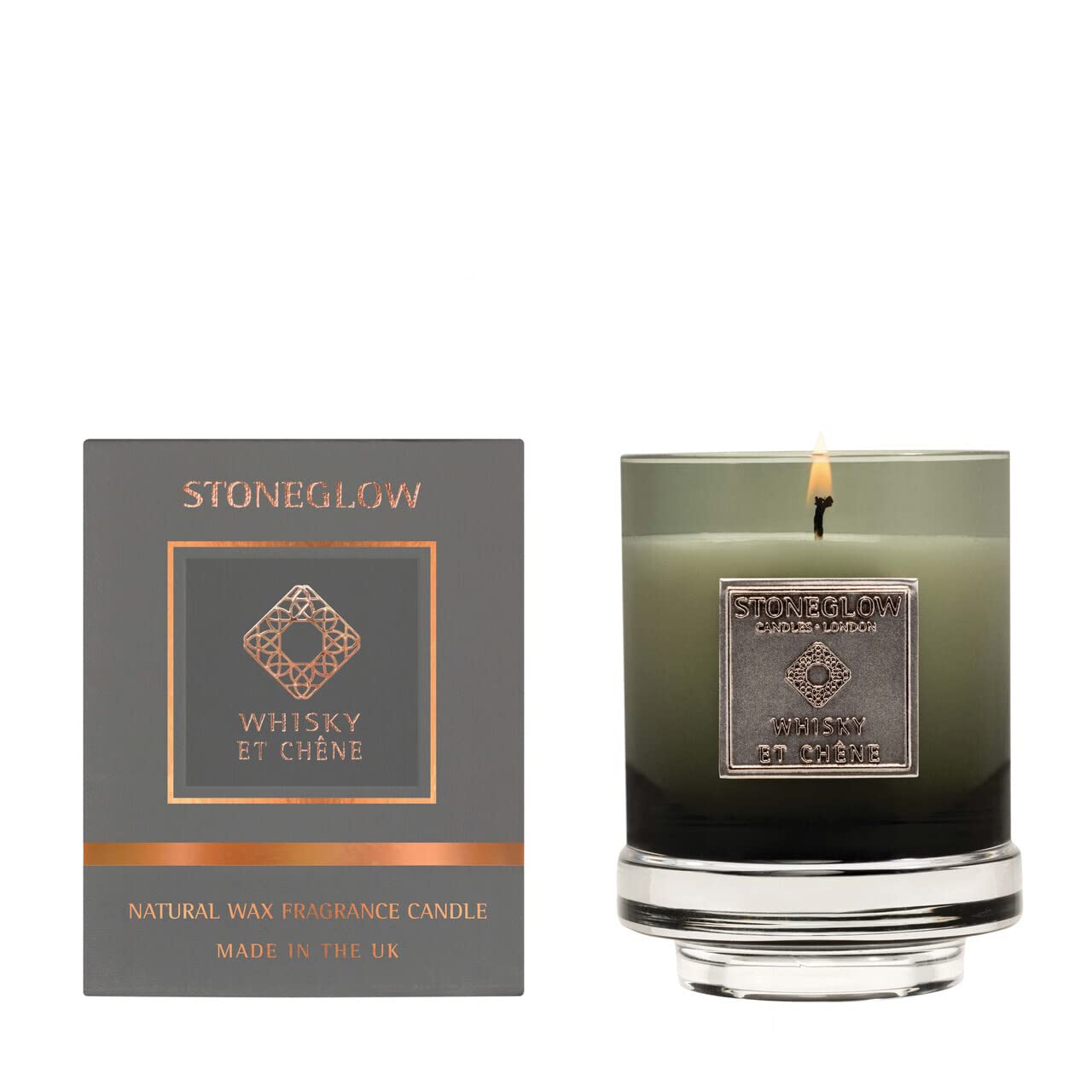 Stoneglow Metallique Collection Whisky et Chene Scented Candle 250g - Citrus, Fig, Oak & Soft Peat Notes, 50 Hrs Burn Time, Natural Wax Blend, 1 Wick, Long Lasting Fragrance