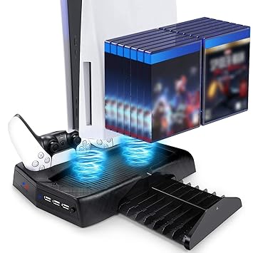 PS5 Stand Cooling Fan Station for Playstation 5/PS5 Digital Edition/PS5 Ultra HD Console, RIOROO PS5 Digital Edition Vertical Stand with Dual Controller EXT Port Charger Dock Station and 14 Game Slots