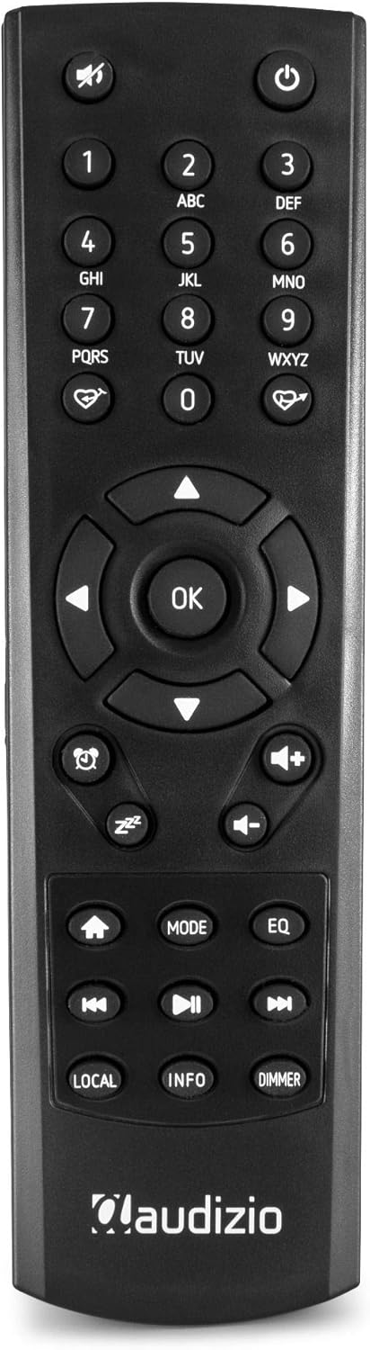 Kina view of the Audizio Rome radio's remote control, showing various buttons for navigation, volume, mode, and presets