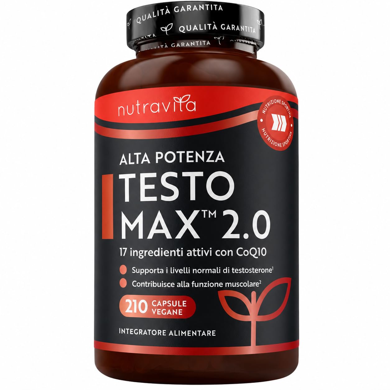 Nutravita Testomax™ 2.0-210 Capsule Vegane - 17 Principi Attivi Tra cui Ashwagandha KSM 66®, CoQ10, Zinco e Radice di Maca - Integratore al Testosterone Uomo - Testosterone Booster Uomo