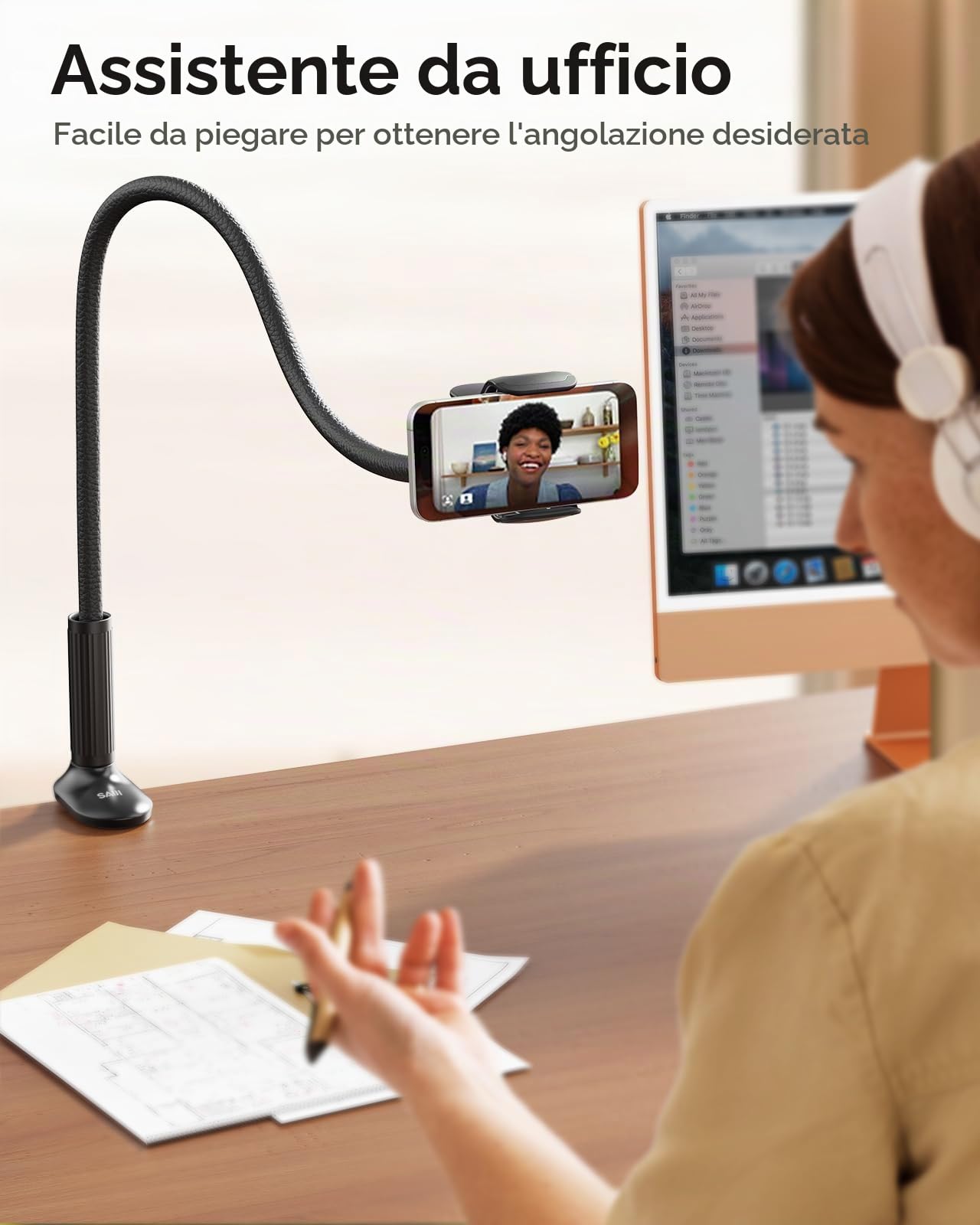 SAIJI Supporto Telefono a collo oca, Braccio Flessibile da 95 cm, Pelle PU, Stabile e Durevole, Rotazione regolabile a 360° per iPhone 13 Pro Max, 12 Mini, 12 Pro Max, HUAWEI, Samsung Nero