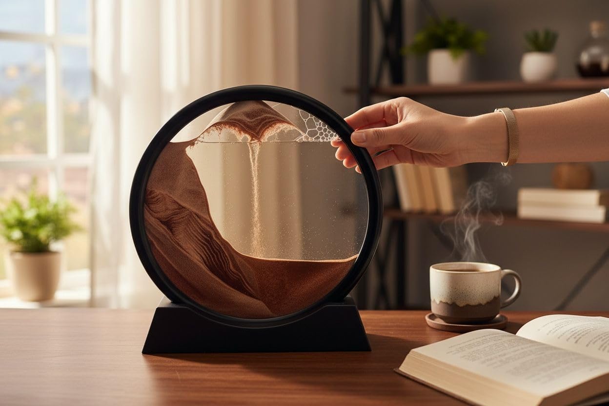 SagVir Moving Sand Art Picture, 3D Dynamic Blue Liquid Glass Landscape with Round Black Frame and Stand, Desktop Decorative Showpiece, Antique Gift Item (Coffee)