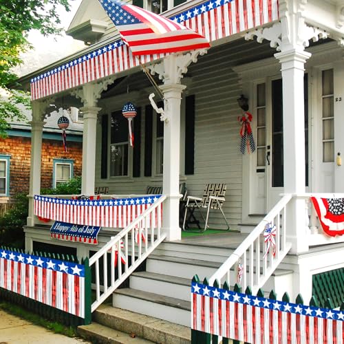 Image of Oudain 6 Pcs 4th of July Parade Float Decorations, Includes 2 Pack Patriotic Wavy Metallic Tinsel Foil Fringe Table Skirts 4 Pack Red White and Blue Fringe Banner for Labor Day, Veterans Day