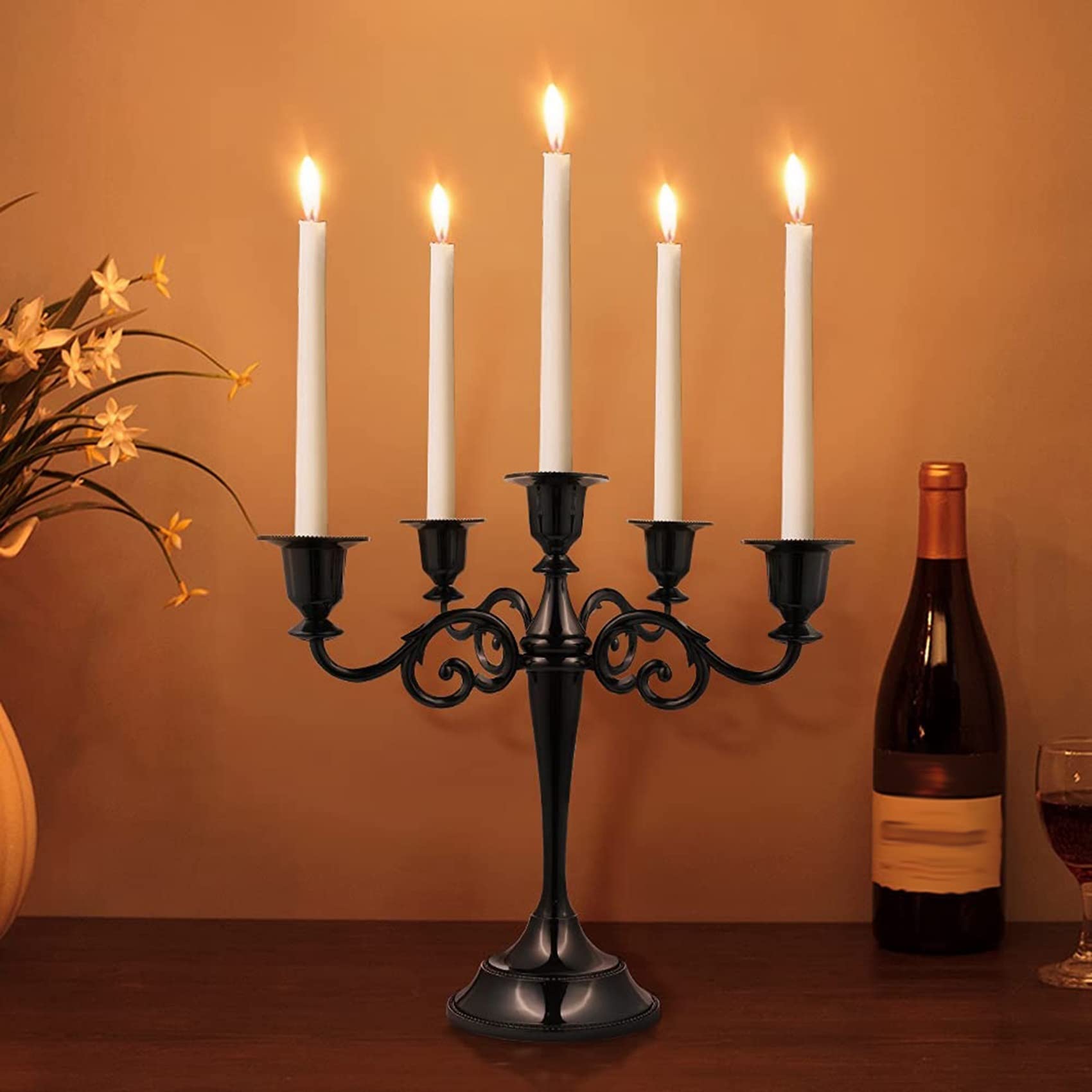 Candelabro de Metal Negro con candelabro de 5 Brazos, candelabros góticos para decoración del hogar, Boda, Navidad, Fiesta en la Iglesia (Negro)