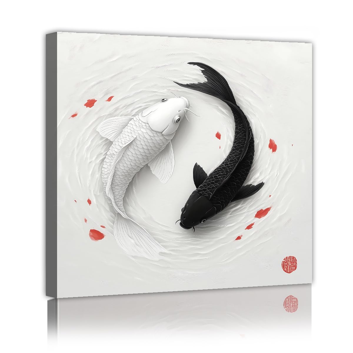 TOANGWALL Black and White Koi Fish Wall Art Framed Yin Yang Canvas Print Animal Mural Minimalist Modern Painting Picture Poster for Dining Room Decor 70x70cm