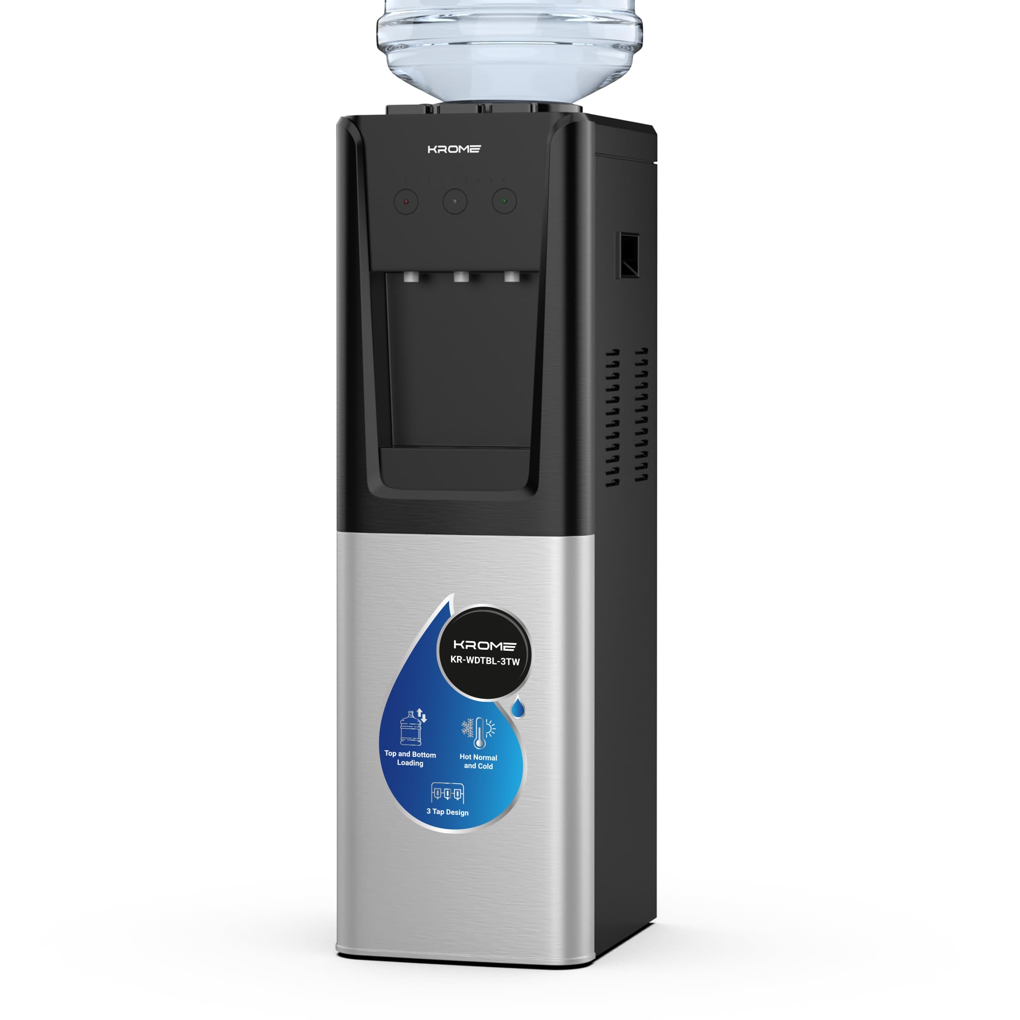 KROME Top & Bottom Loading Water Dispenser, Hot, Cold and Normal Water 3 taps, Floor Standing, Made with SUS 304 Tank and Food-Grade Silicone Gel Tube, Child Lock, Silver & Black KR-WDTBL 3TW