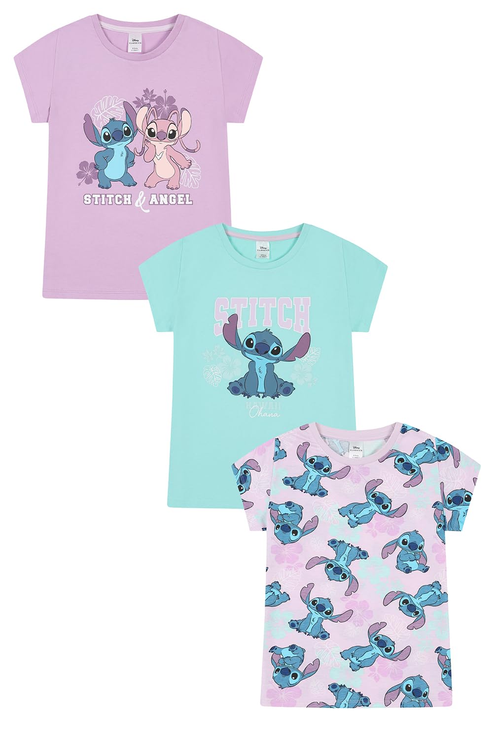 Disney Lot de 3 t-Shirts Lilo et Stitch pour Filles Angel Haut d'été Manches Courtes