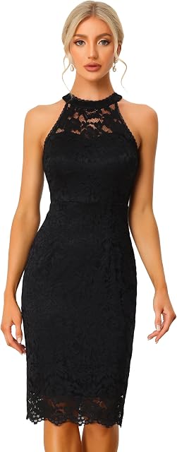 Allegra K Halter Robe formelle pour les femmes sans manches Bodycon robe de cocktail invité de mariage en dentelle