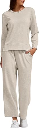 YETOWA Womens Air Layer Fabric 2 Piece Set Stylish Long Sleeve Top & Wide Leg 3/4 Pants Lounge Matching Tracksuit