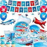 Fournitures de fête d'avion : le lot de décoration d'anniversaire sur le thème de l'avion comprend 1 bannière d'avion, 3 ballons en aluminium d'avion, 16 assiettes à dessert de fête d'avion de 17,8 cm, 16 assiettes de fête d'avion de 22,9 cm, 16 serviettes en avion, 13 décorations de gâteau d'avion et autres fournitures de fête d'anniversaire d'avion