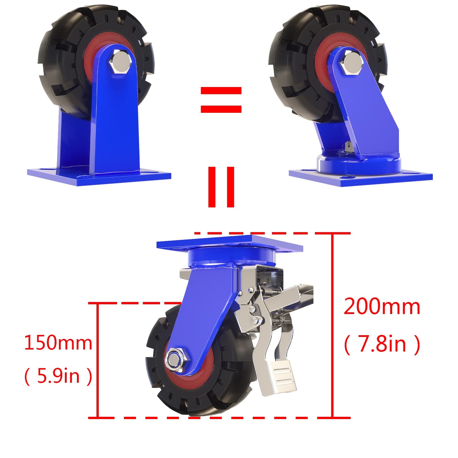 Zware wielen, 200 mm transportwielen, 4 stuks plaatwielen, 2 x