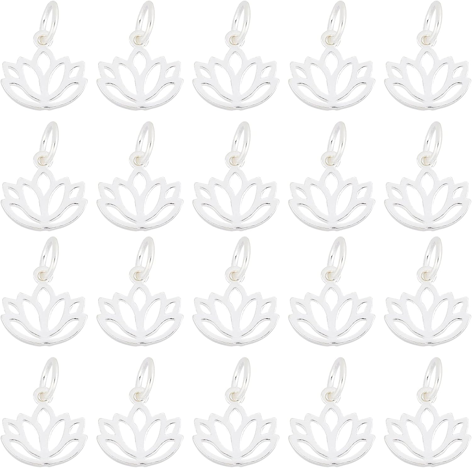 CHGCRAFT 20pcs 11mm 925 Sterling Silver Yoga Lotus Flower Charm Pendants Silver Hollowed Lotus Charms with Jump Ring for Bracelets Keychain Necklace DIY Craft Jewelry Making Supplies