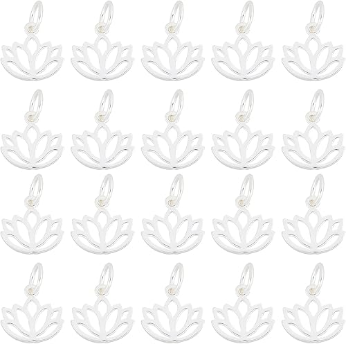 CHGCRAFT 20 dijes de plata de ley 925 de 0.394 pulgadas con diseño de flor de loto para yoga, dijes de loto ahuecados de plata con anillo de salto