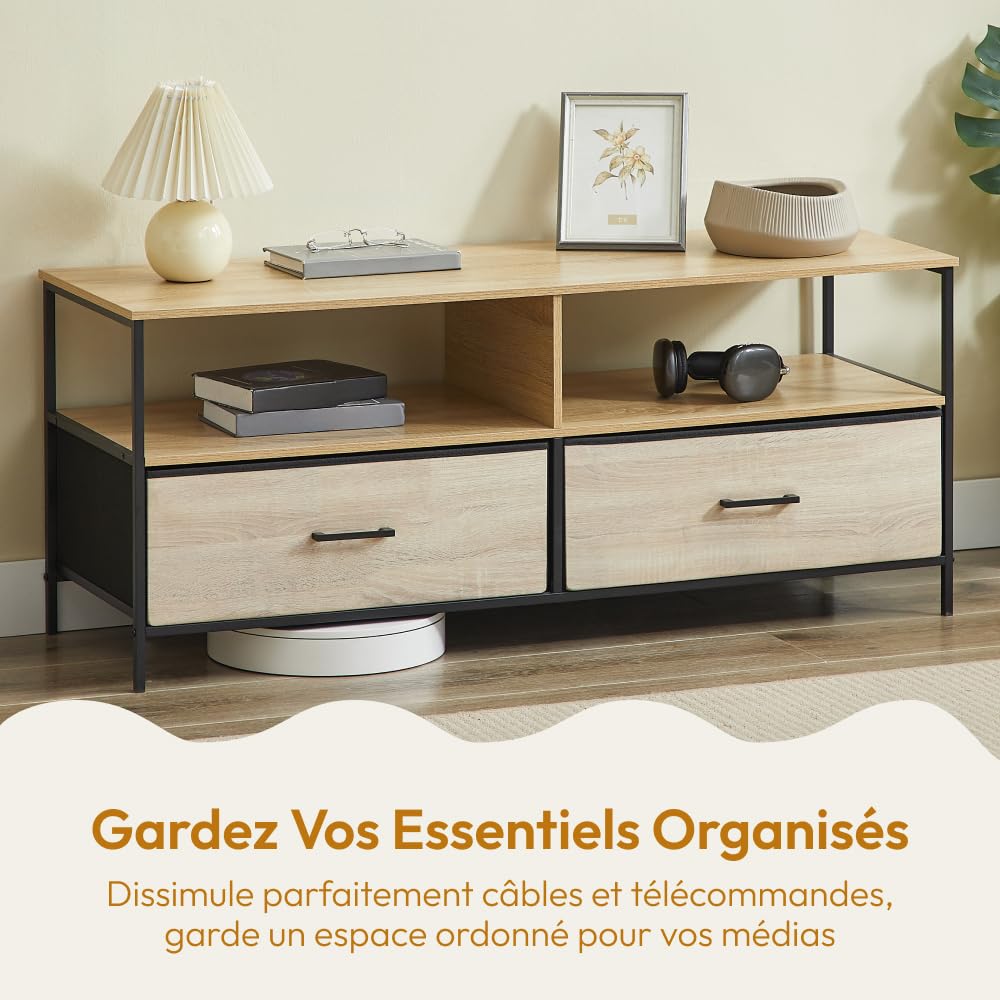 CASABEL Meuble TV 120 cm en métal Noir et Bois, Meuble de Salon avec 2 tiroirs en Tissu Rigide et étagères Ouvertes, Meuble Télé Solide, Design Pratique et résistant